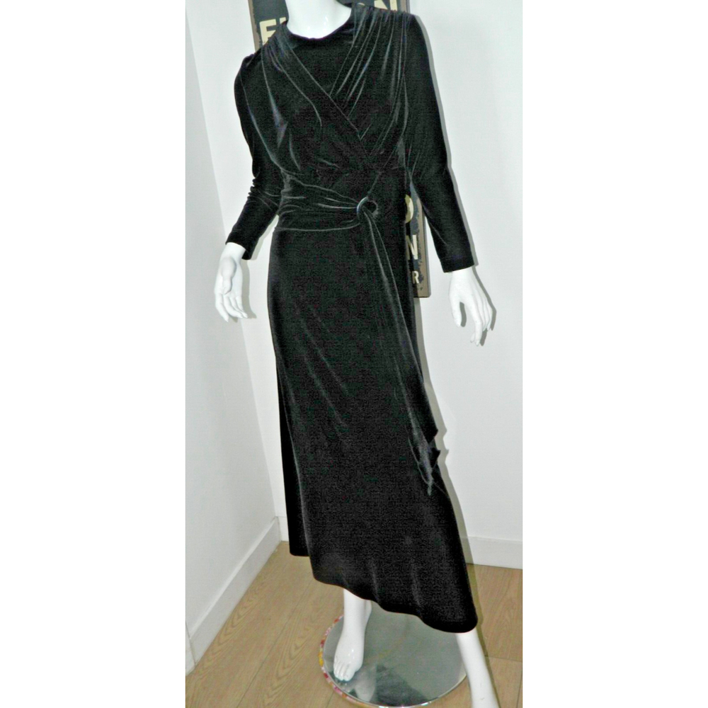 Fenucci Dress Size‎ Small Black Velvet Vintage Rouched Waist Tie Maxi Bodycon